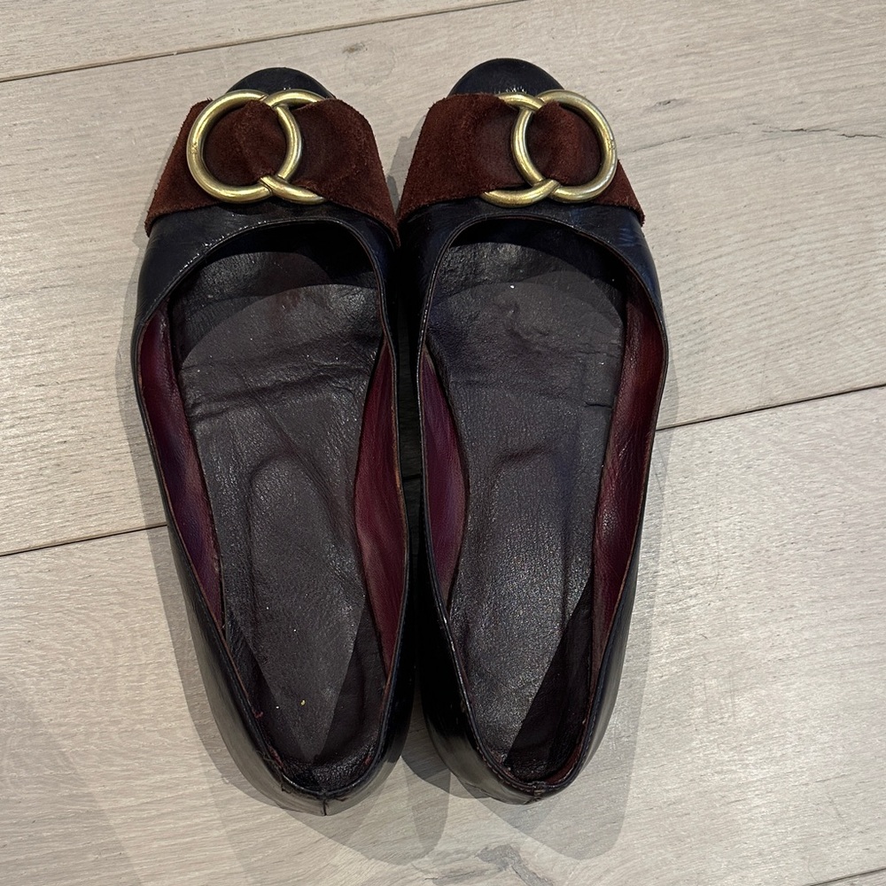 Escada Black and Brown Flats with Gold Buckle